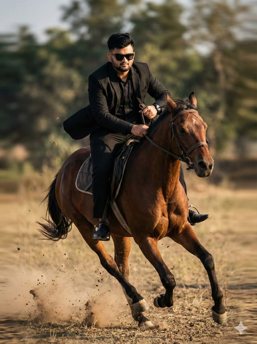 ​Cinematic Man in Black Suit Riding a Horse - Luxury Lifestyle Prompt